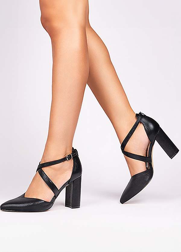 Paradox London Felicia Black Shimmer High Block Heel Cross Strap