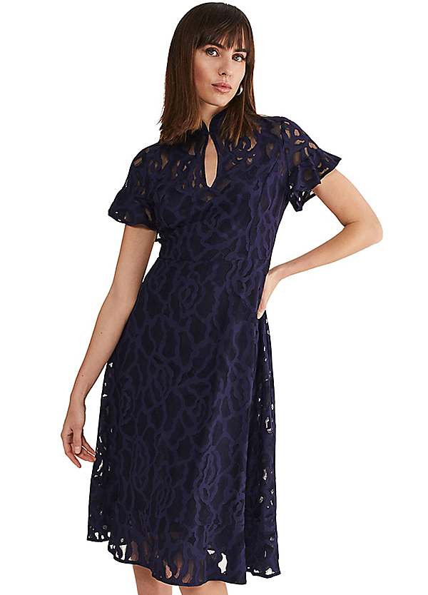 blue lace chiffon dress Ever-Pretty Lace Trim Midi Summer Formal Wedding Guest Dress with Flutter Sleeves main image 0
