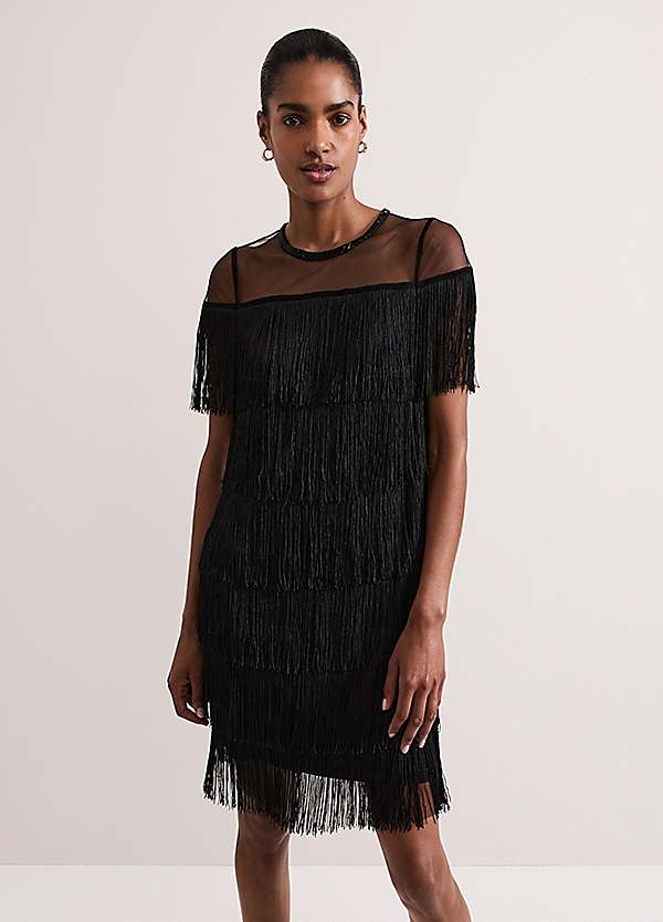 Phase Eight Viola Black Fringe Mini Dress | Freemans