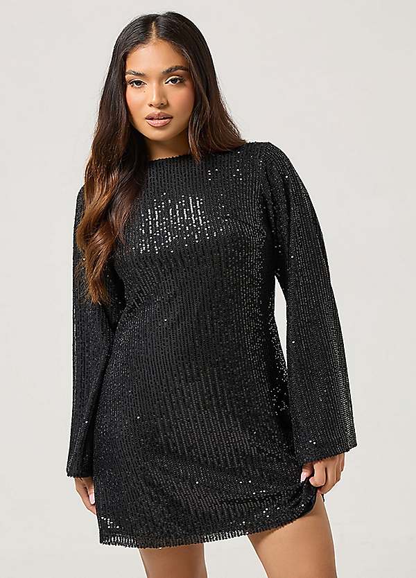 knee length dresses for ladies Astrid Silver Long Sleeve Velvet Sequin Dress – Ro&Zo main image 0