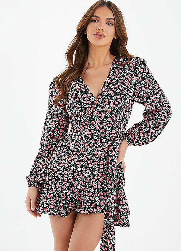 Quiz Black Pink Ditsy Floral Long Sleeved Skater Dress Freemans