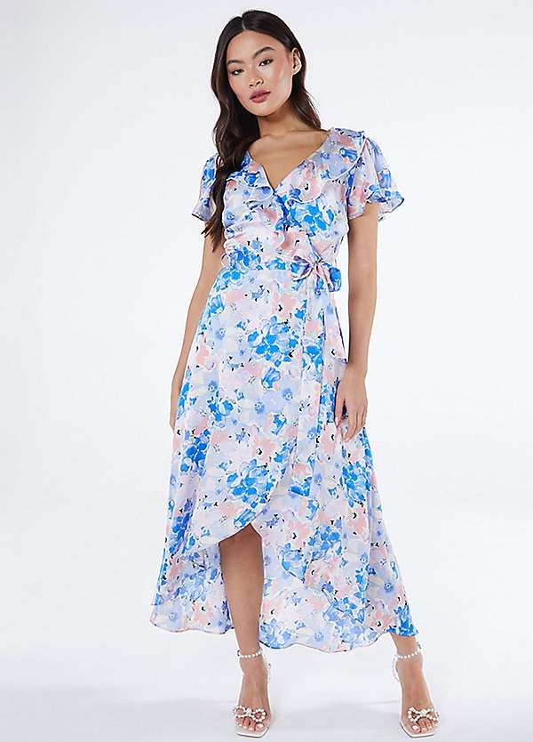 Quiz Blue Pink Floral Chiffon Wrap Frill Midaxi Dress Freemans