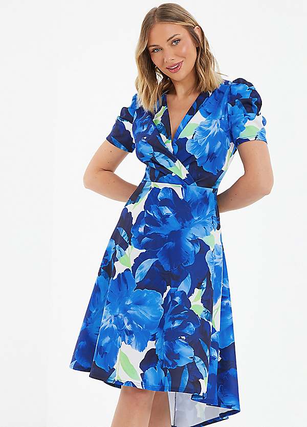 Quiz Blue Floral Scuba Midi Dress with Puff Sleeve