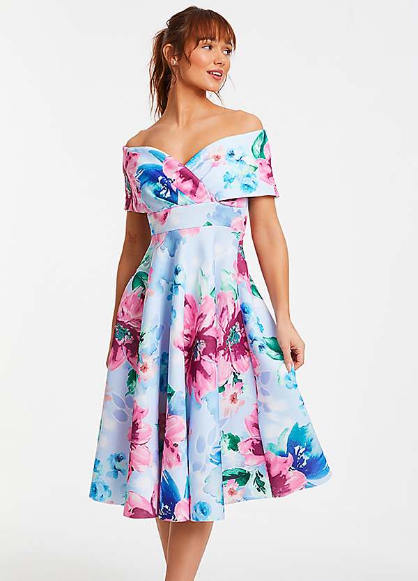 Quiz Blue and Pink Floral Scuba Bardot Midi Dress Freemans