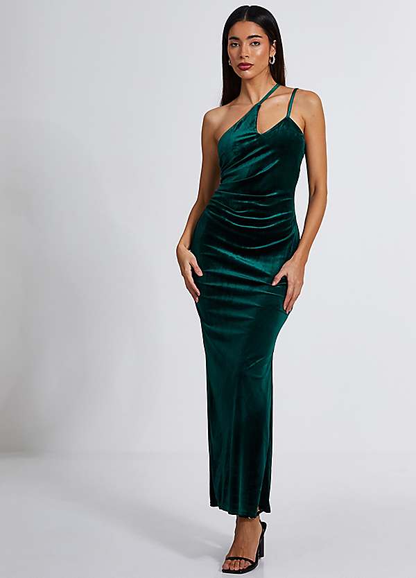 Quiz Bottle Green Velvet One Shoulder Keyhole Neck Maxi Dress | Freemans