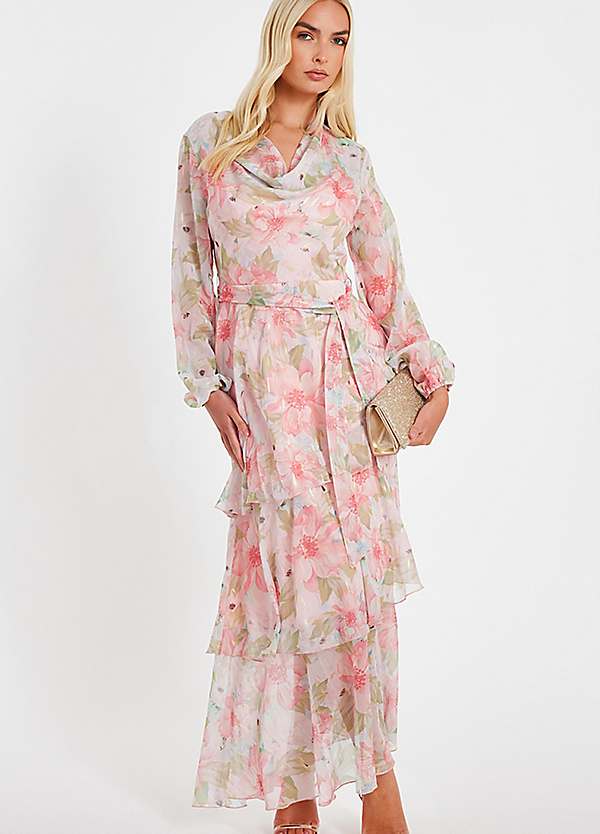 Quiz Chiffon Floral Tiered Midaxi Dress - Coral