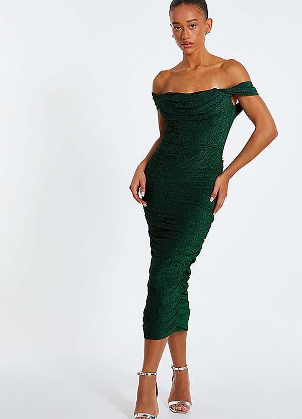 Quiz Green Glitter Brillo Bardot Midi Dress