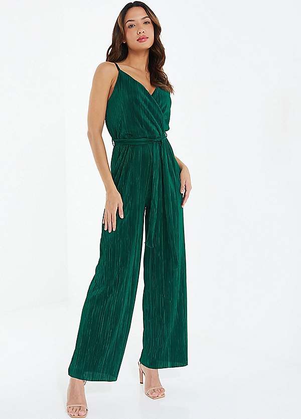 Quiz Green Plisse Wrap Jumpsuit with Tie Waist Belt