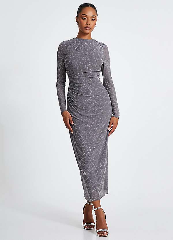 Quiz Grey Glitter Mesh Long Sleeve Maxi Dress | Freemans Quiz Grey Glitter Mesh Long Sleeve Maxi Dress | Freemans