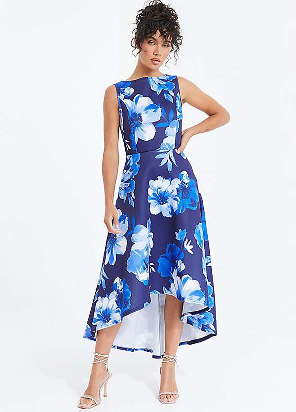 Quiz Navy Floral Scuba Dip Hem Midaxi Dress