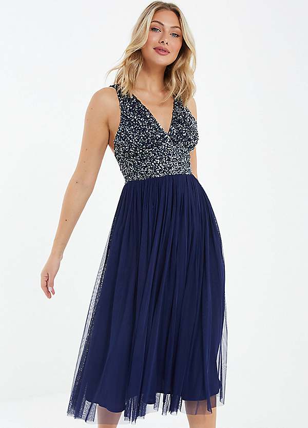 Quiz Navy Sequin Tulle Strappy Midi Dress