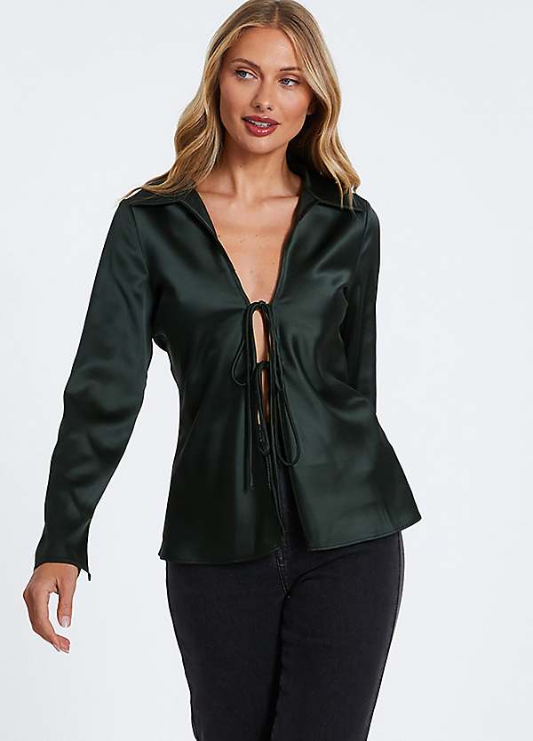 Quiz Olive Satin Tie Front Blouse | Freemans