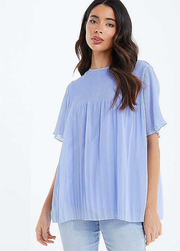 Quiz Pale Blue Pleated Chiffon Short Sleeve Top Freemans