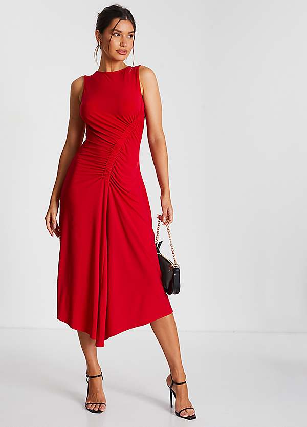 knee length dresses for ladies Red Ruched Lace Sleeve Midi Dress