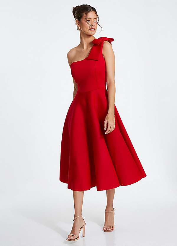 Quiz Red Scuba One Shoulder Bow Detail Skater Midi Dress