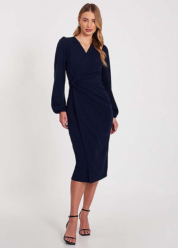 Quiz Scuba Crepe Long Sleeve Wrap Midi Dress Freemans