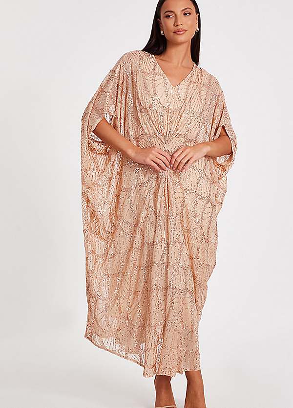 slim fit dress slacks Woman Gold Sequin Diva Sequin Kaftan with Front And Back Deep V-Neck and  Sheer Finish 2001881 main image 1