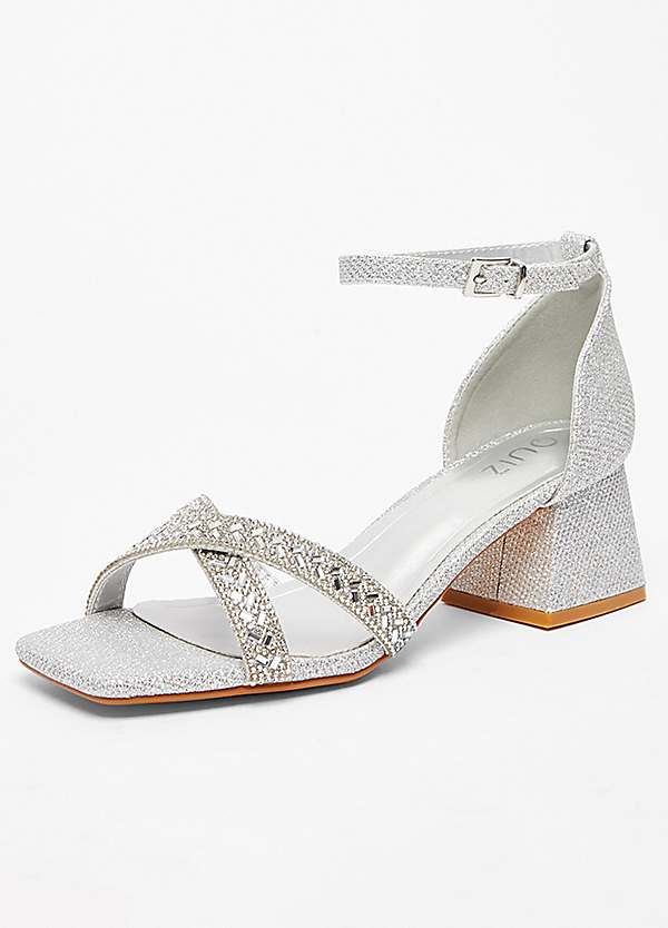 Quiz Silver Shimmer Cross Diamante Low Block Heel Sandals Freemans
