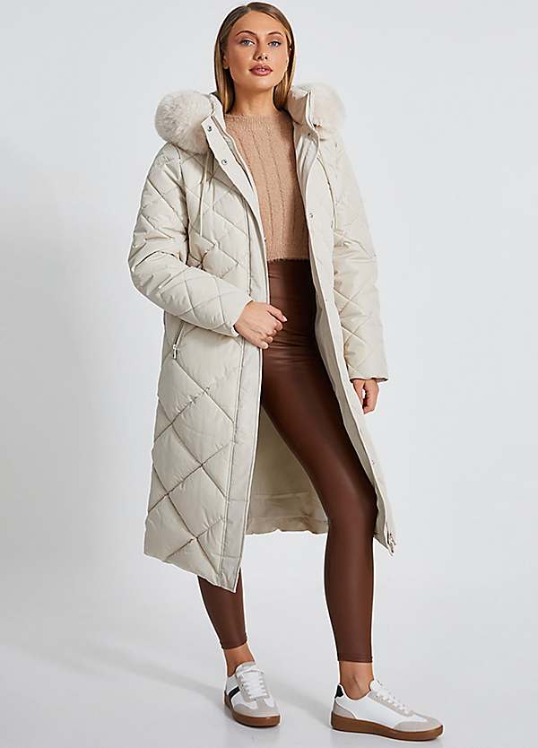 Quiz Stone Quilted Padded Fur Hood Long Line Parka Coat Freemans