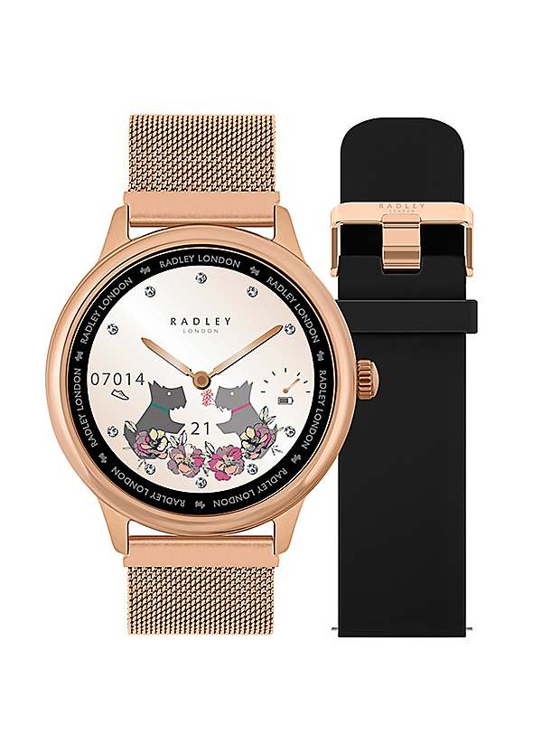 Radley London Series 19 Smart Calling Watch with interchangeable Cobweb Rose Gold Mesh and Black Silicone Straps Freemans