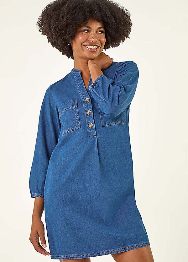 Roman Cotton Denim Button Shift Dress - Denim