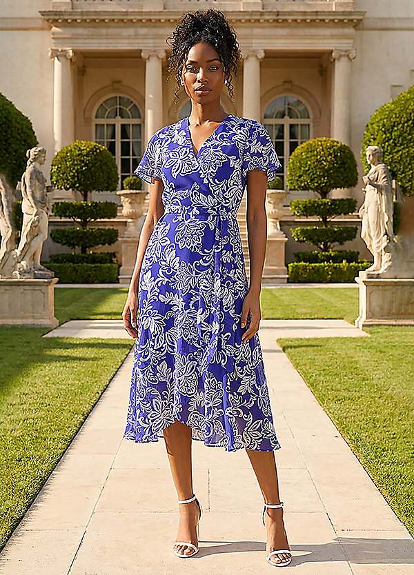 Roman Floral Print Wrap Dress - Blue