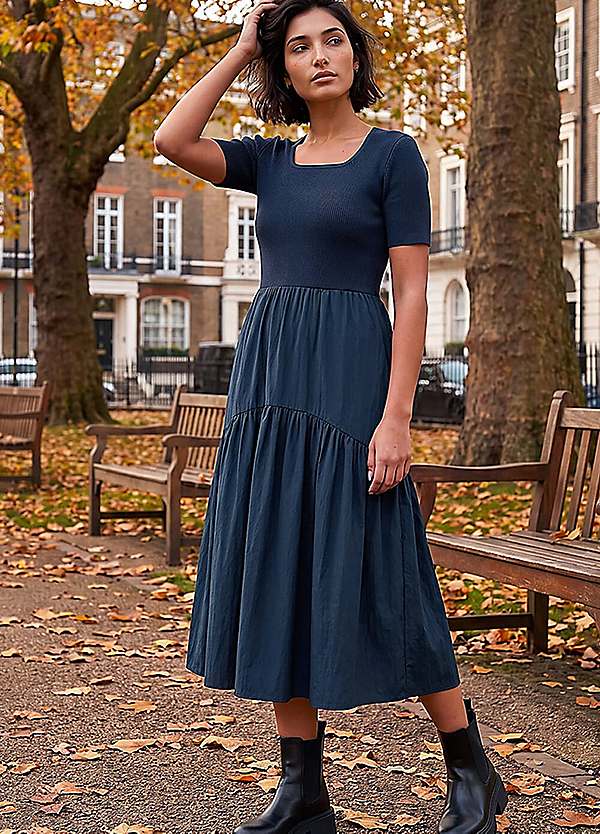 roman knitted dresses Knit Woven Mix Midi Dress - Navy pant suit
