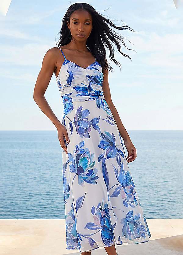 blue floral ruched midi dress Blue Floral Print Ruched Midi Dress by ASTR the label