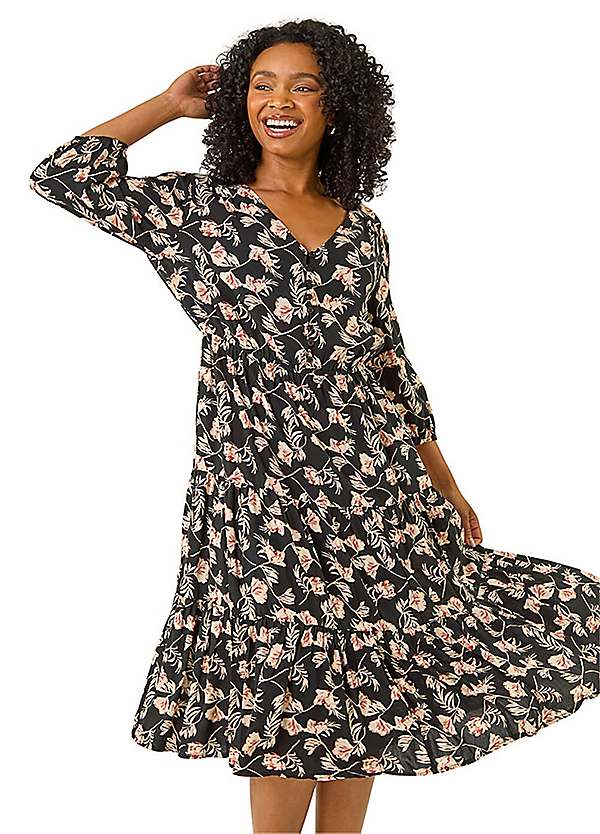 Roman Petite Floral Tiered Midi Dress
