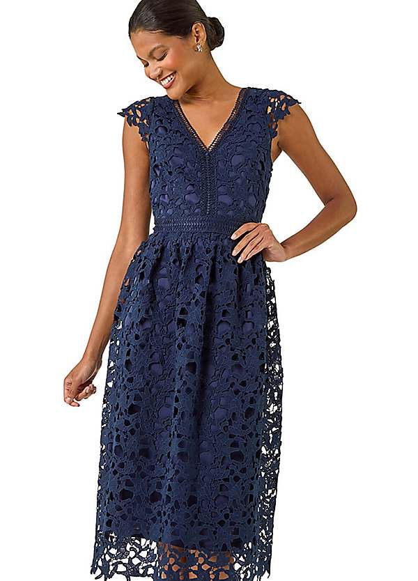 cocktail ready navy blue crochet lace midi dress Roman Premium - Handmade Black Leather Dress Cotton Dress Pants Dress Color:Ivory