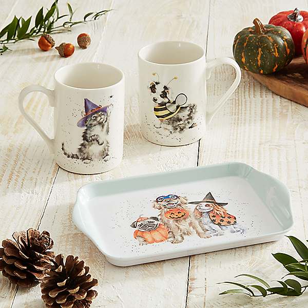 Royal Worcester Wrendale Designs Trick or Treat 3 Piece Mug & Tray Set  (Dogs/Cat)