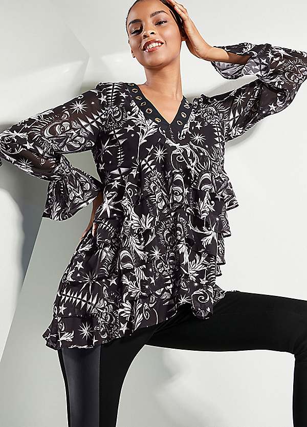 Print Stud Detail Belted Kimono Sleeve Satin Top by Star by Julien Macdonald
