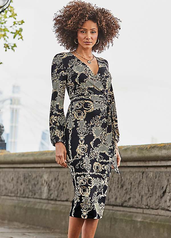 Sosandar Black Gold Baroque Print Wrap Front Midi Dress Freemans