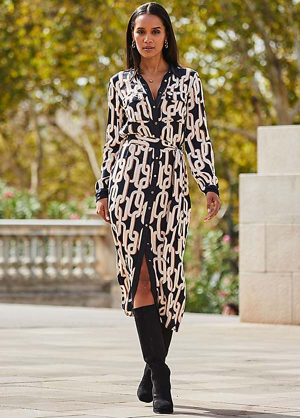 Sosandar Black Chain Print Contrast Trim Belted Shirt Dress