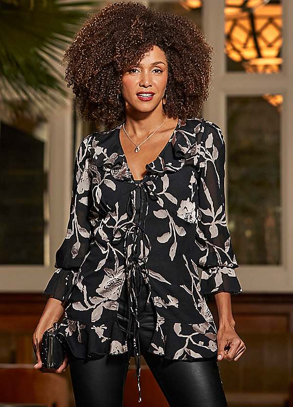 Sosandar Black Shimmering Floral Print Ruffle Blouse | Freemans
