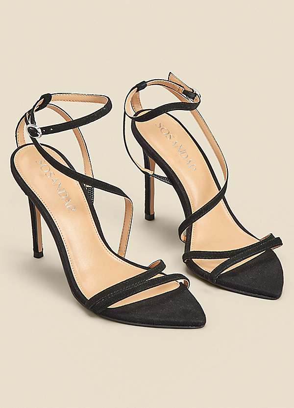 Sosandar Black Suede Multi Strap Pointed Toe Stiletto Heel Sandals