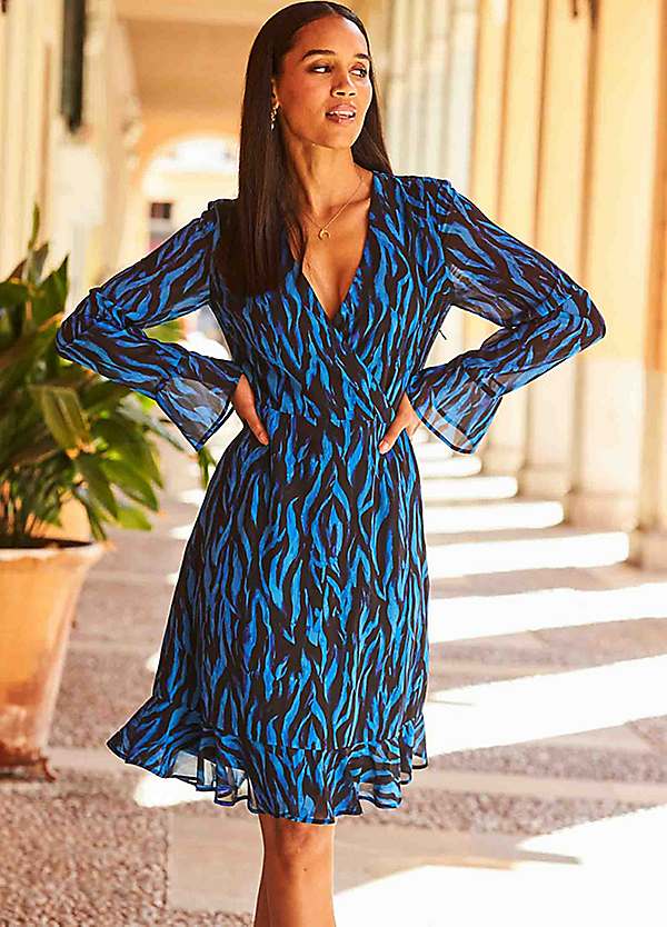 Sosandar Blue Zebra Print Wrap Dress | Freemans