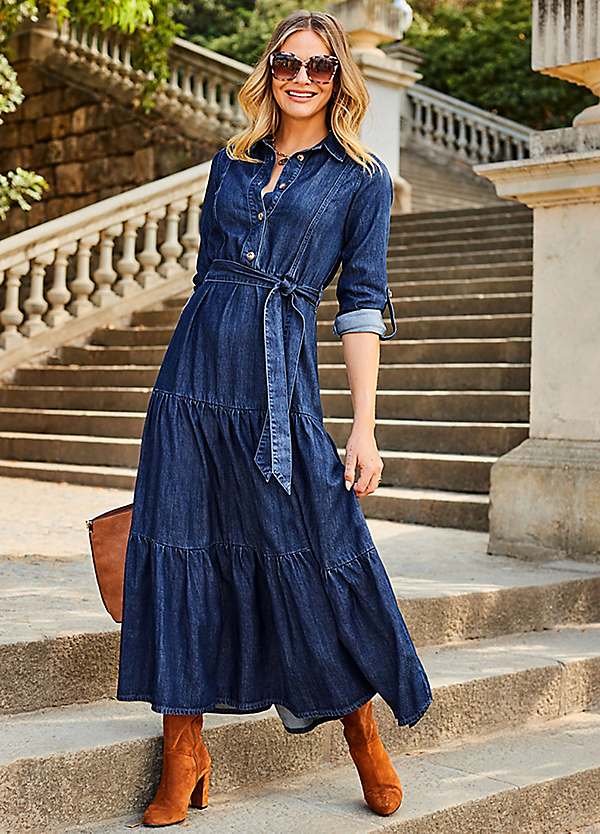 Sosandar Dark Indigo Tiered Hem Denim Midi Dress Freemans