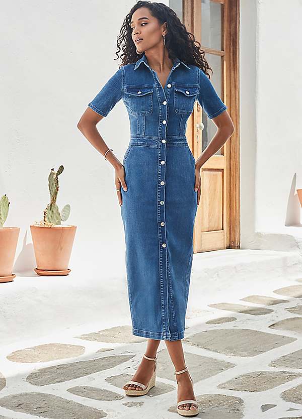 denim midaxi dress Long Denim Denim Dress Blue Sosandar Indigo Blue Short Sleeve Button Front Denim  Midaxi Dress