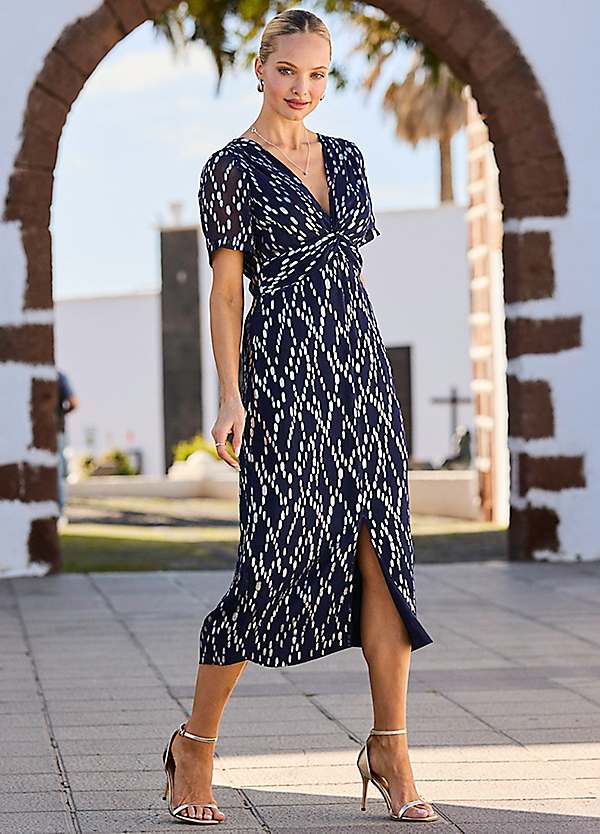 Sosandar Navy Blue & Silver Fleck Print Twist Front Dress | Freemans