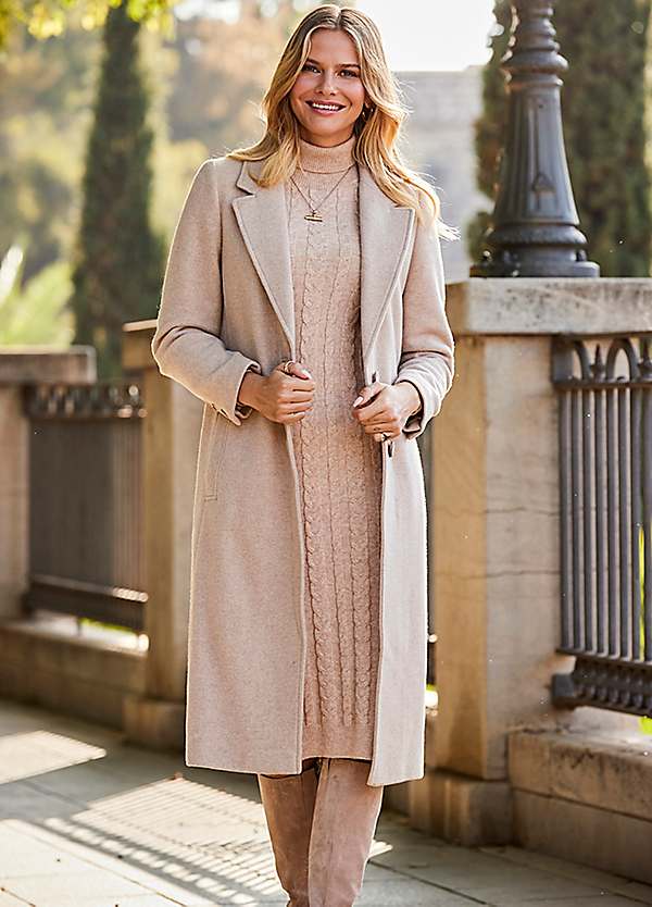 Sosandar Oatmeal Premium Longline Wool Mix Coat | Freemans