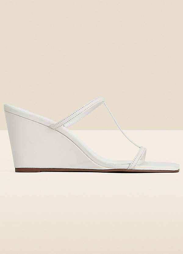 Sosandar White Leather Square Toe Strappy Wedge Mules