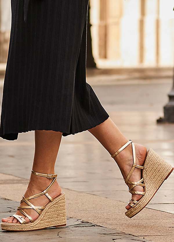 Sosandar Zaria Champagne Gold Leather Strappy Wedge Espadrille