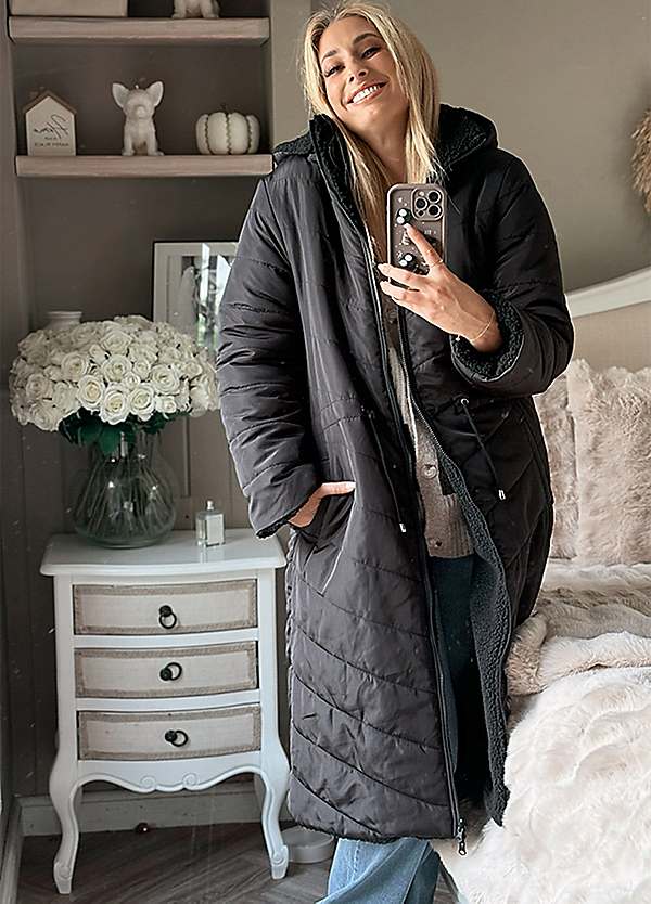Stacey Solomon Black Reversable Longline Puffer Coat | Freemans