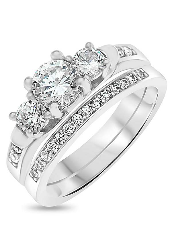 Sterling Silver Two Piece Cubic Zirconia Bridal Ring Set Freemans