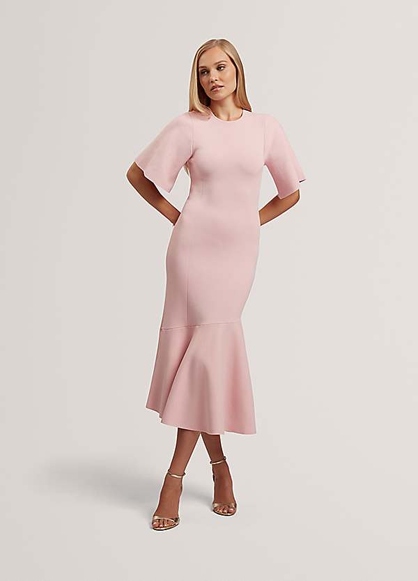 ted baker fluted sleeve knitted bodycon midi dress Receda Short Knit Non-Returnable Color:Dusty_Blue Charming Long Black Off-the-Shoulder