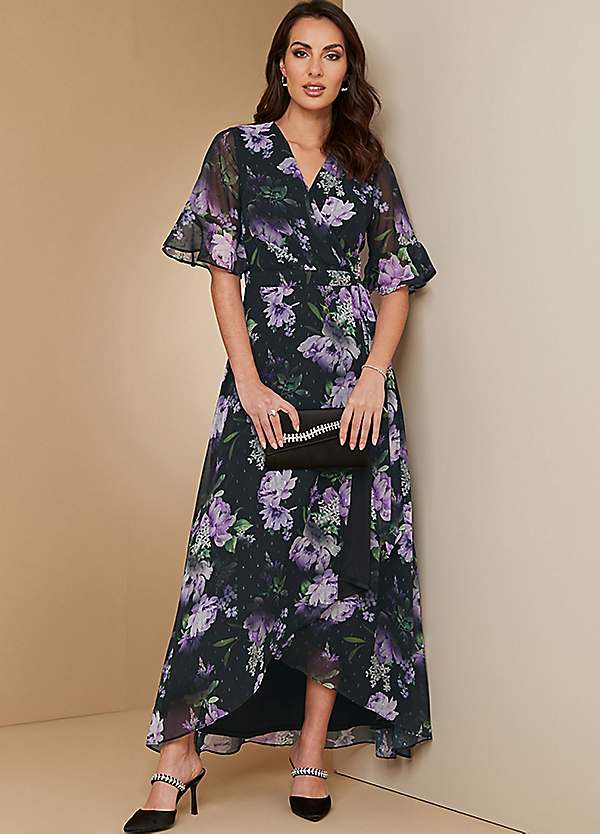 Black floral print wrap dress best sale