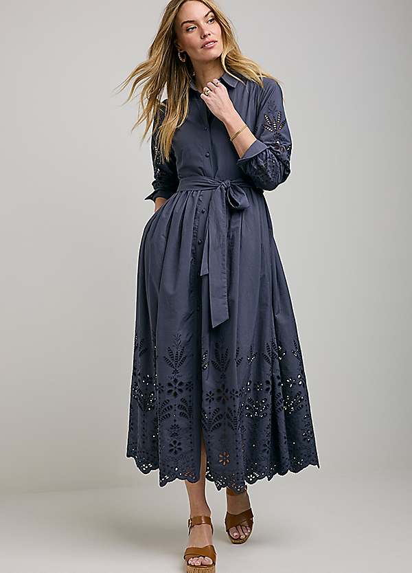 Together Blue 100% Cotton Cutwork Midi Shirt Dress Freemans