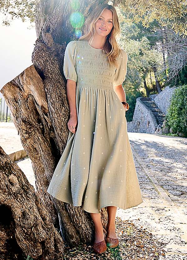 sage green midaxi dress Together Colette Shirred Bust Embroidered Elopement