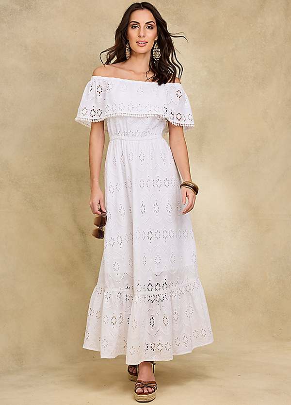 White broderie 2024 bardot dress